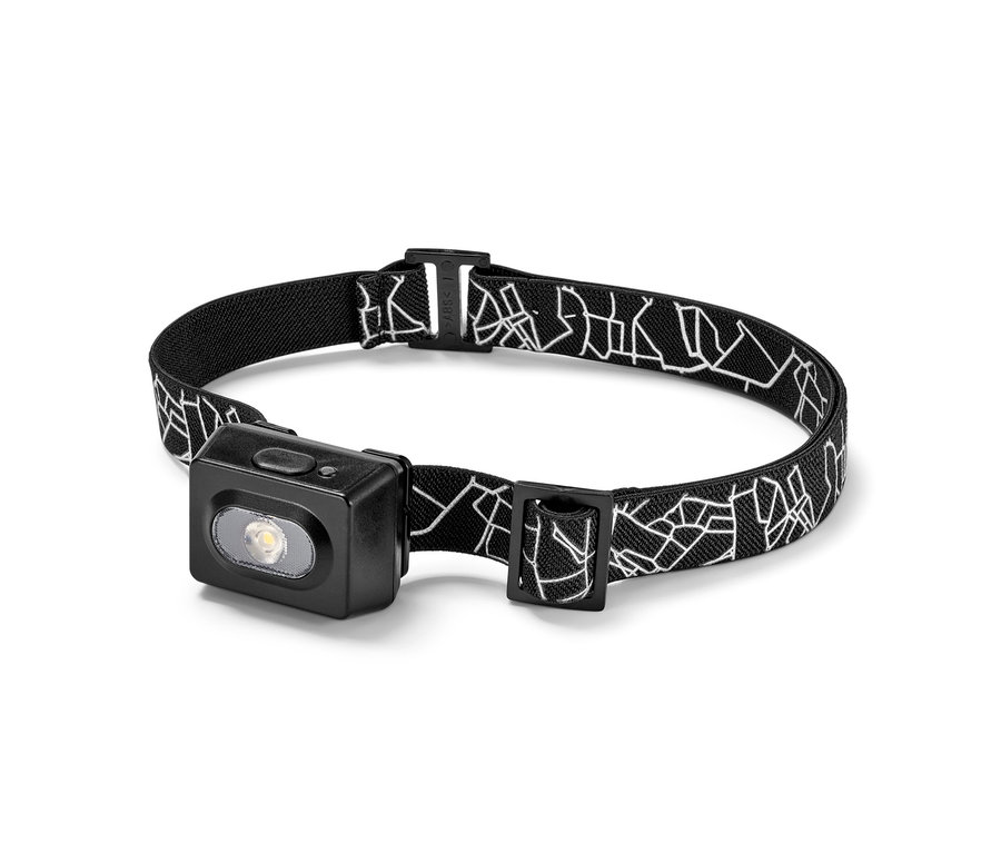 Latarka czołowa z czarnym, białym i szarym paskiem.