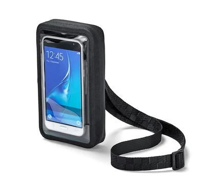 Czarna torba na smartfon 2 w 1 z przezroczystym przodem i paskiem na ramię.