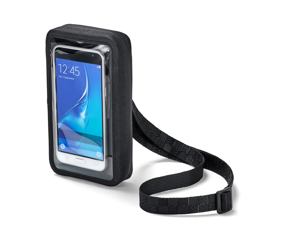 Czarna torba na smartfon 2 w 1 z przezroczystym przodem i paskiem na ramię.