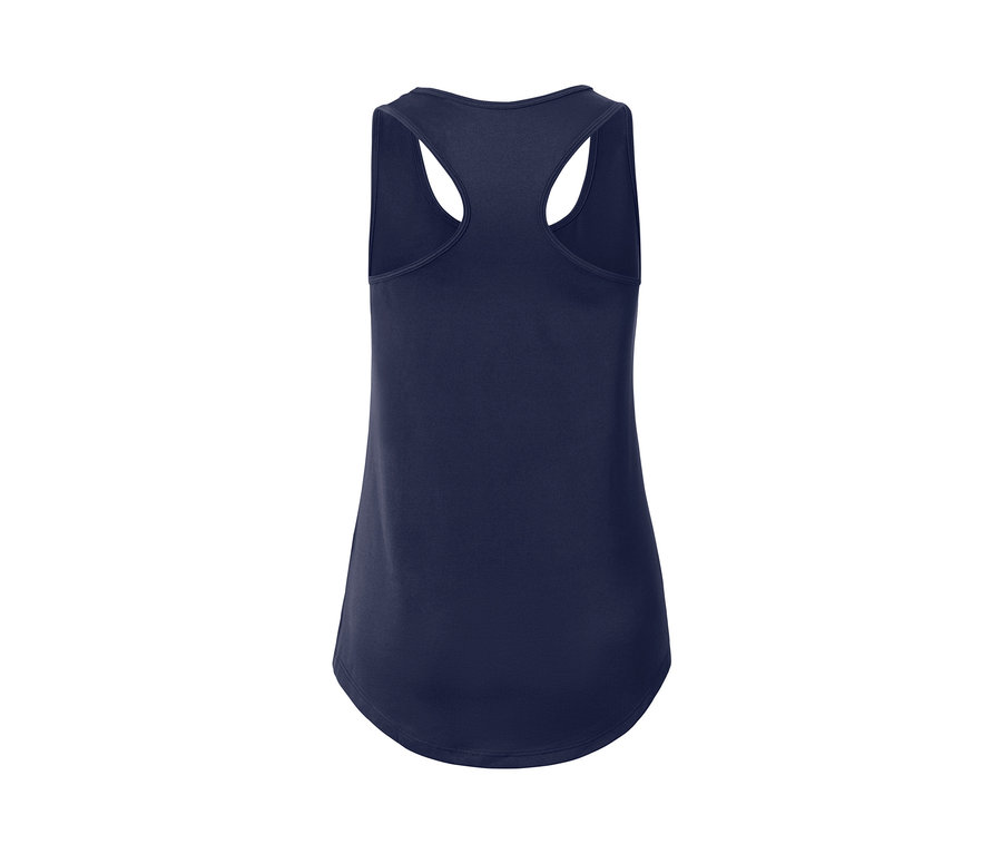 Widok z tyłu ciemnoniebieskiego topu funkcyjnego.