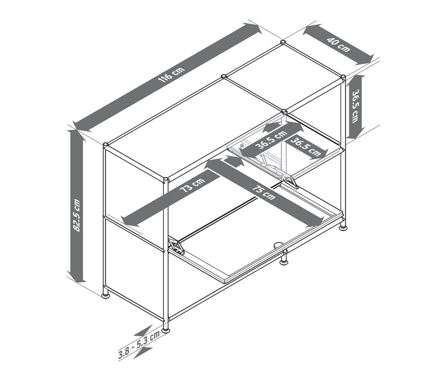 Szkic białej metalowej szafki typu sideboard „CN3” z 2 klapami i wymiarami.