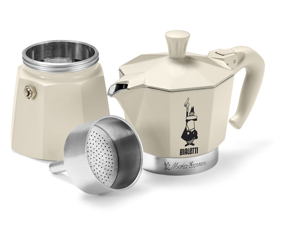 Rozłożona kremowa kawiarka do espresso »Bialetti Moka Express« 190 ml.