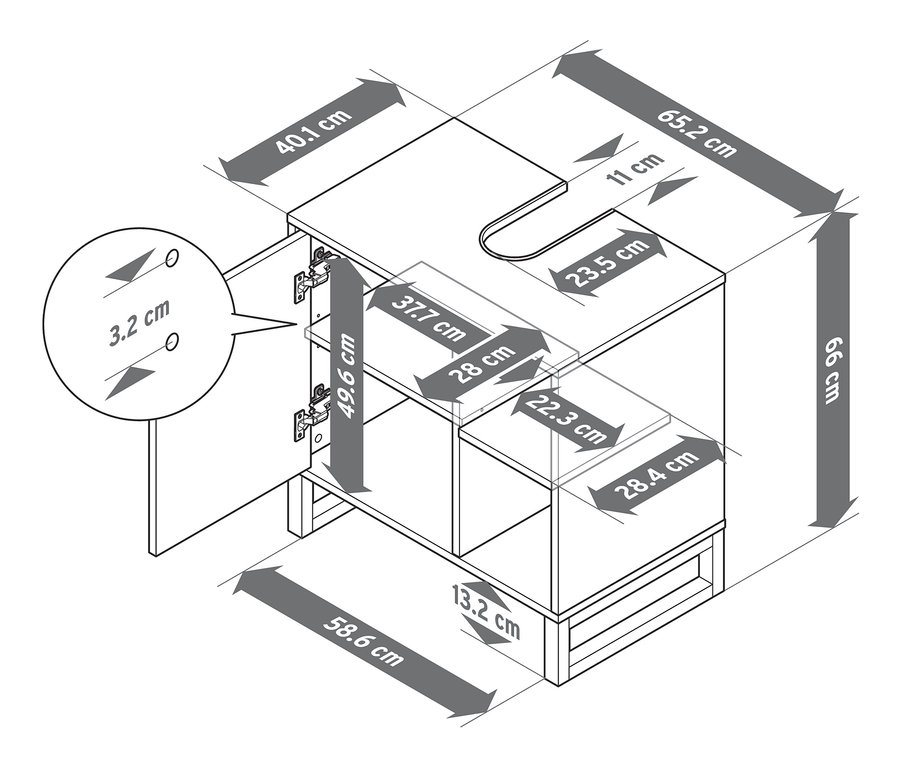 Rysunek szafki pod umywalkę z drzwiczkami i boczną przegródką wraz z odpowiednimi wymiarami.