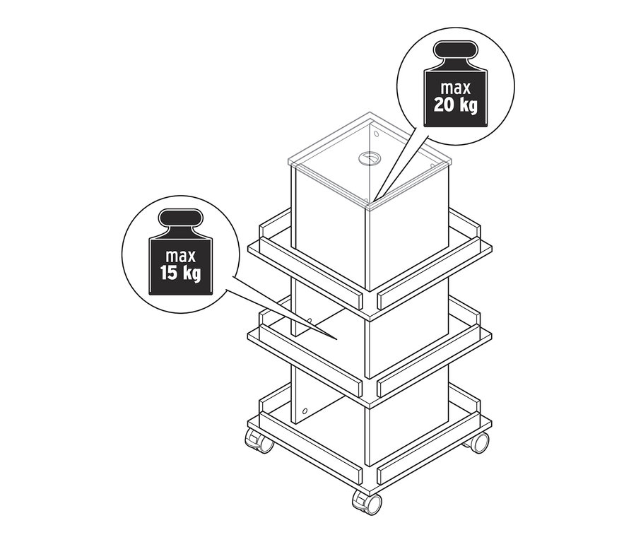Rysunek regału z miejscem do przechowywania, z zaznaczoną maksymalną nośnością 20 kg dla górnej półki i 15 kg dla pozostałych półek.
