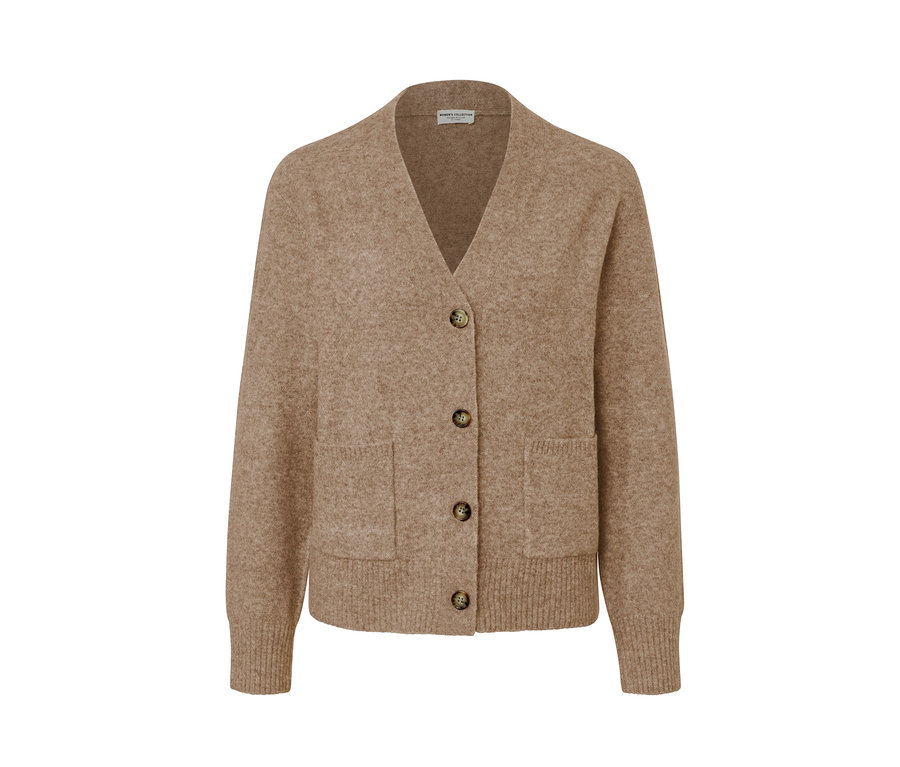 Rozpinany sweter z wełny w kolorze jasnobrązowym, z guzikami i kieszeniami.