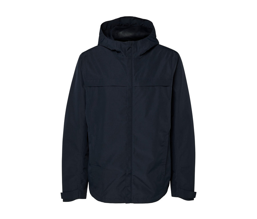 Granatowa parka funkcyjna z kapturem.