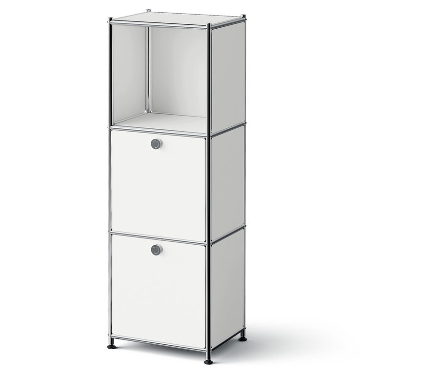 Biały modułowy system przechowywania z dwiema szufladami i otwartą górną półką.