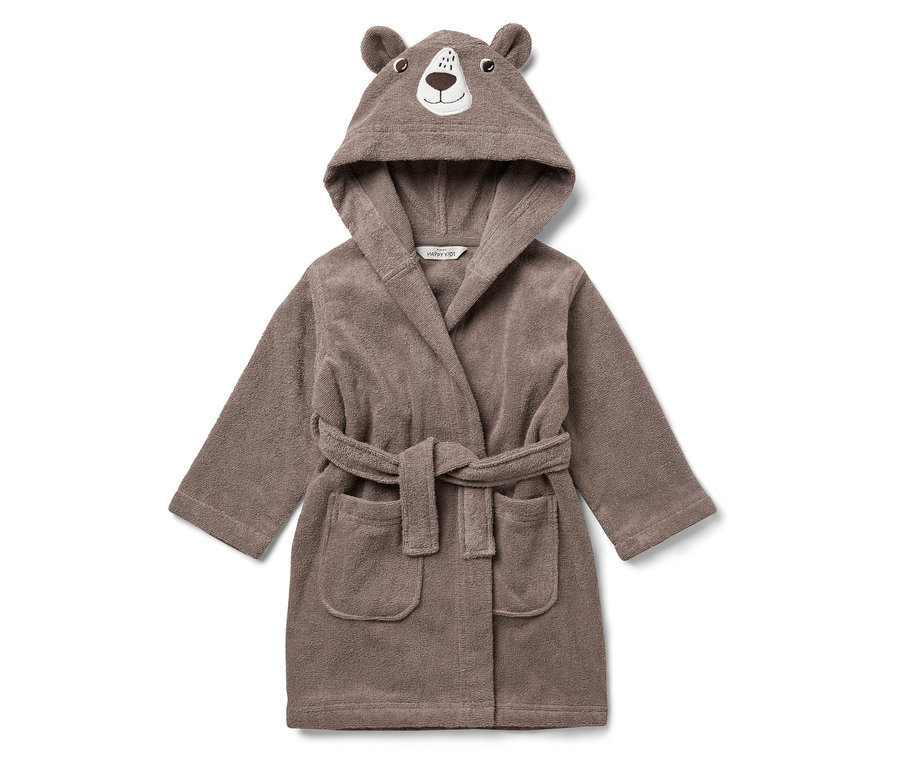 Brązowy szlafrok z kapturem z uszami i twarzą misia.