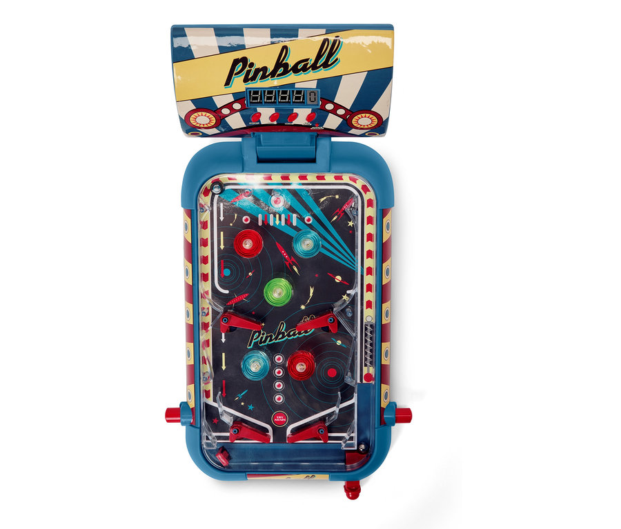 Szczegółowy widok z góry na retro flipper z niebieską ramą i kolorowymi elementami.