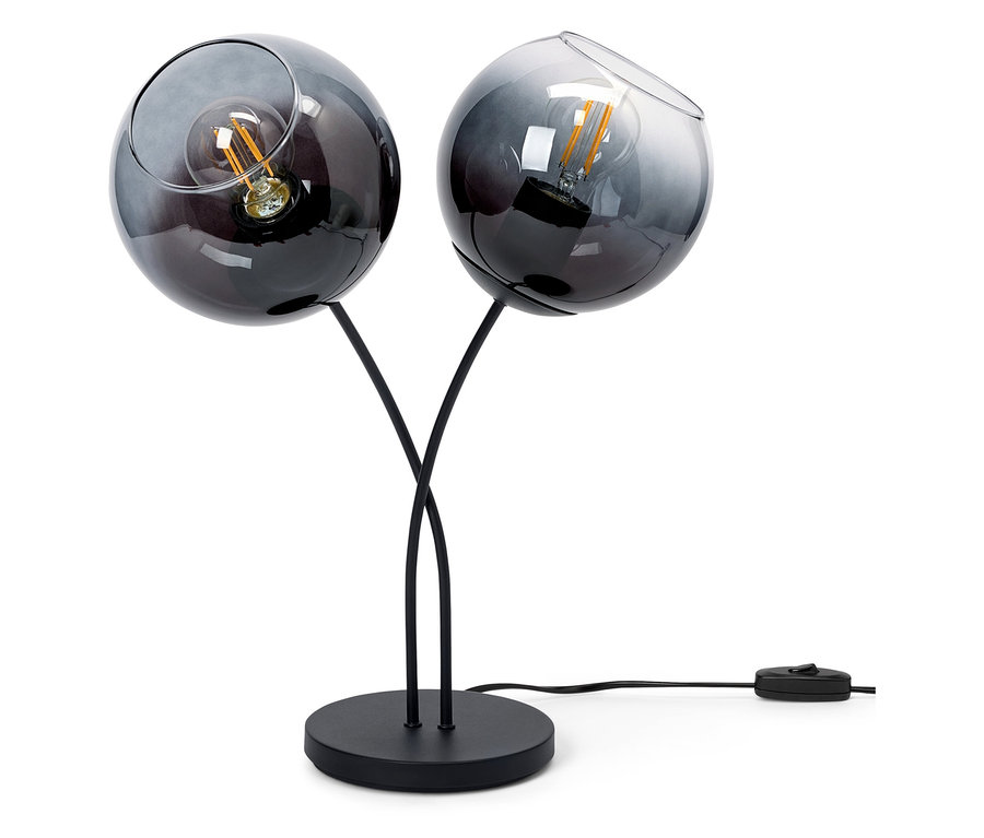 Czarna lampa stołowa z dwoma szklanymi kloszami w kształcie kuli.