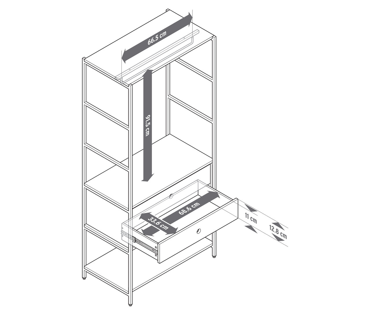 Rysunek liniowy szafy »KLAAR« z dwiema szufladami i wymiarami.