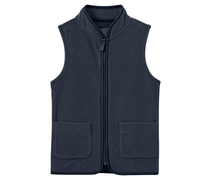 Granatowa kamizelka polarowa z zamkiem błyskawicznym i kieszeniami.