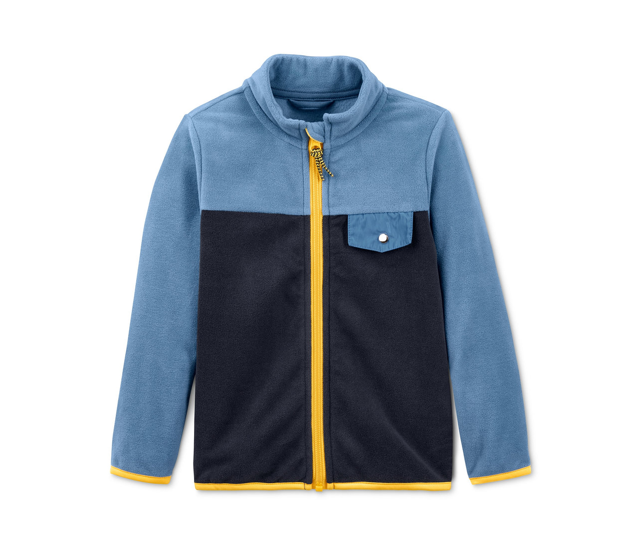 Błękitno-granatowa kurtka polarowa z materiałem z recyklingu z kieszenią na piersi i żółtym zamkiem błyskawicznym.