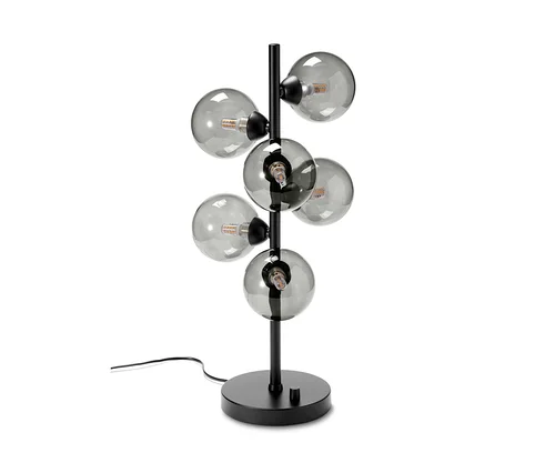 Czarna lampa stołowa »Szklane kule« z sześcioma szklanymi kulami.