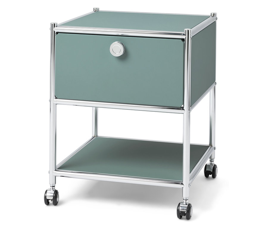 Petroliowa szafka nocna z chromowaną ramą i kółkami.