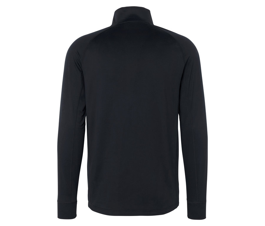 Widok z tyłu czarnej bluzy z długim rękawem i zamkiem błyskawicznym.