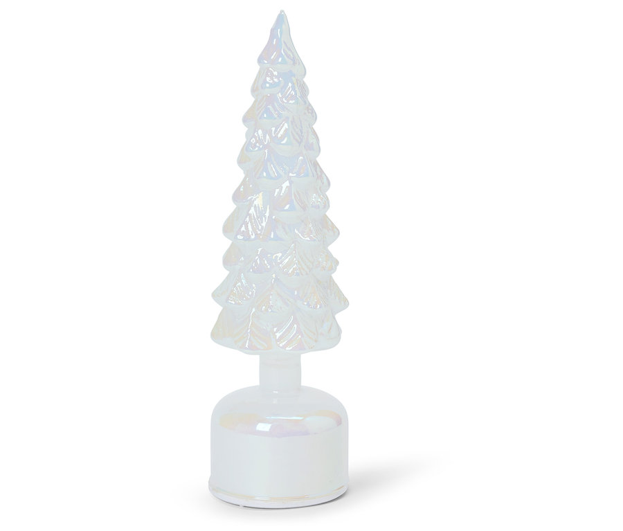 Biała szklana ozdoba choinkowa w kształcie drzewka.