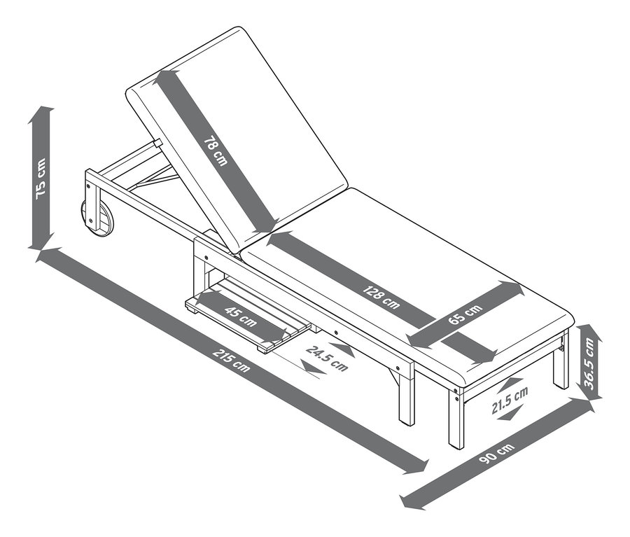 Ilustracja rozkładanego leżaka z wymiarami.