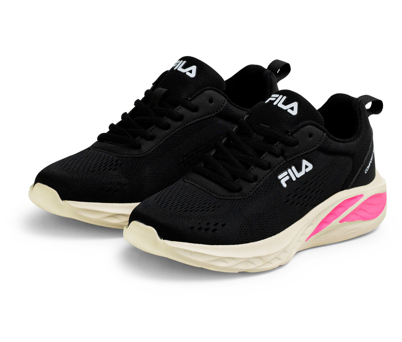 Dwa czarne sneakersy damskie FILA Specctris z białą podeszwą i różowym akcentem stoją obok siebie.