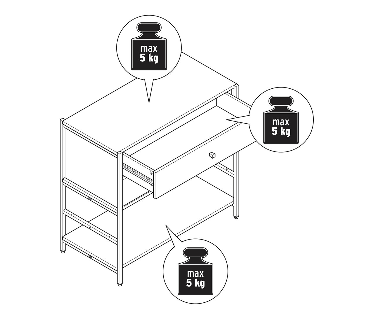 Widok z góry komody „GRADE” z dwiema szufladami, z których jedna jest otwarta. Maksymalne obciążenie 5 kg.