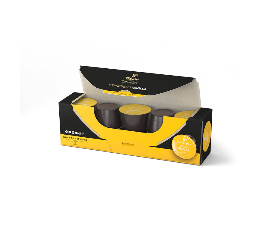 Otwarte, czarno-żółte opakowanie Cafissimo Flavoured Espresso – Vanilla – 10 kapsułek.
