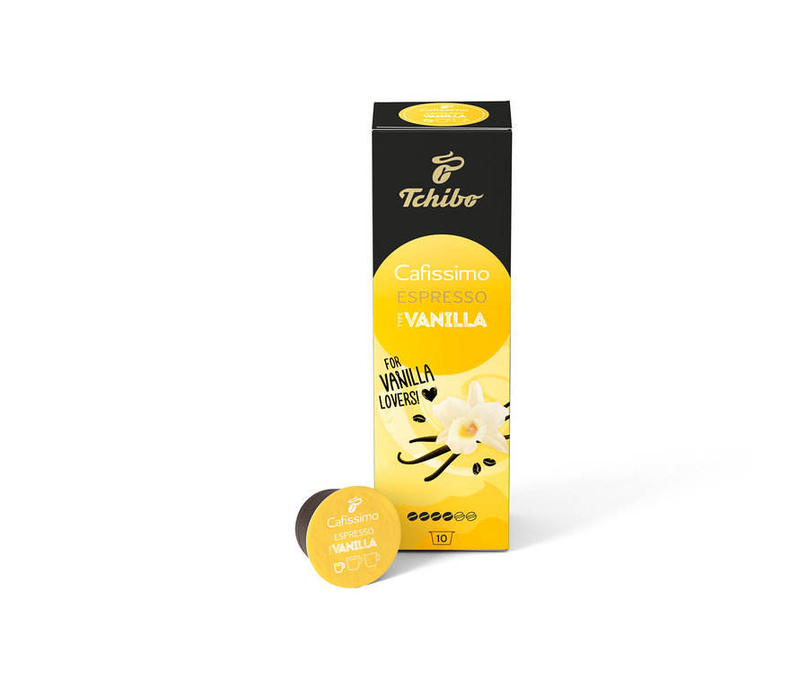 Pudełko Cafissimo Flavoured Espresso - Vanilla - 10 kapsułek i pojedyncza kapsułka na białym tle.