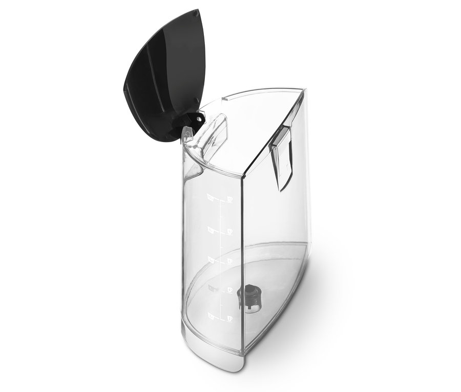 Szczegółowy widok przezroczystego pojemnika na wodę ekspresu przelewowego »Let's Brew« z czarną pokrywką.