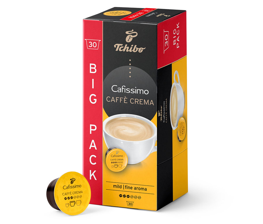 Opakowanie 30 kapsułek Caffè Crema Mild. Pudełko jest czerwono-czarno-żółte. Obok opakowania leży kapsułka.