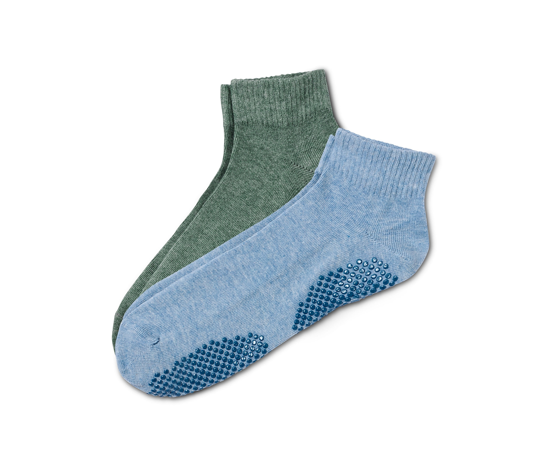 Dwie pary skarpetek do jogi: jedna para zielona i jedna para jasnoniebieska.