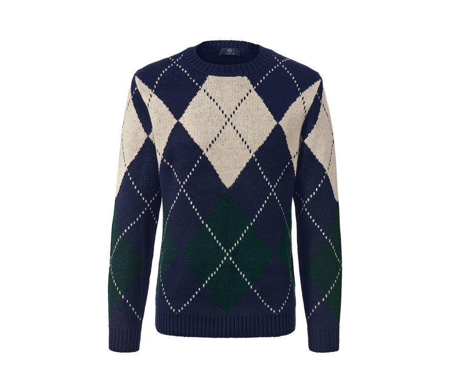 Sweter z dzianiny w romby w kolorze granatowym, kremowym i zielonym.