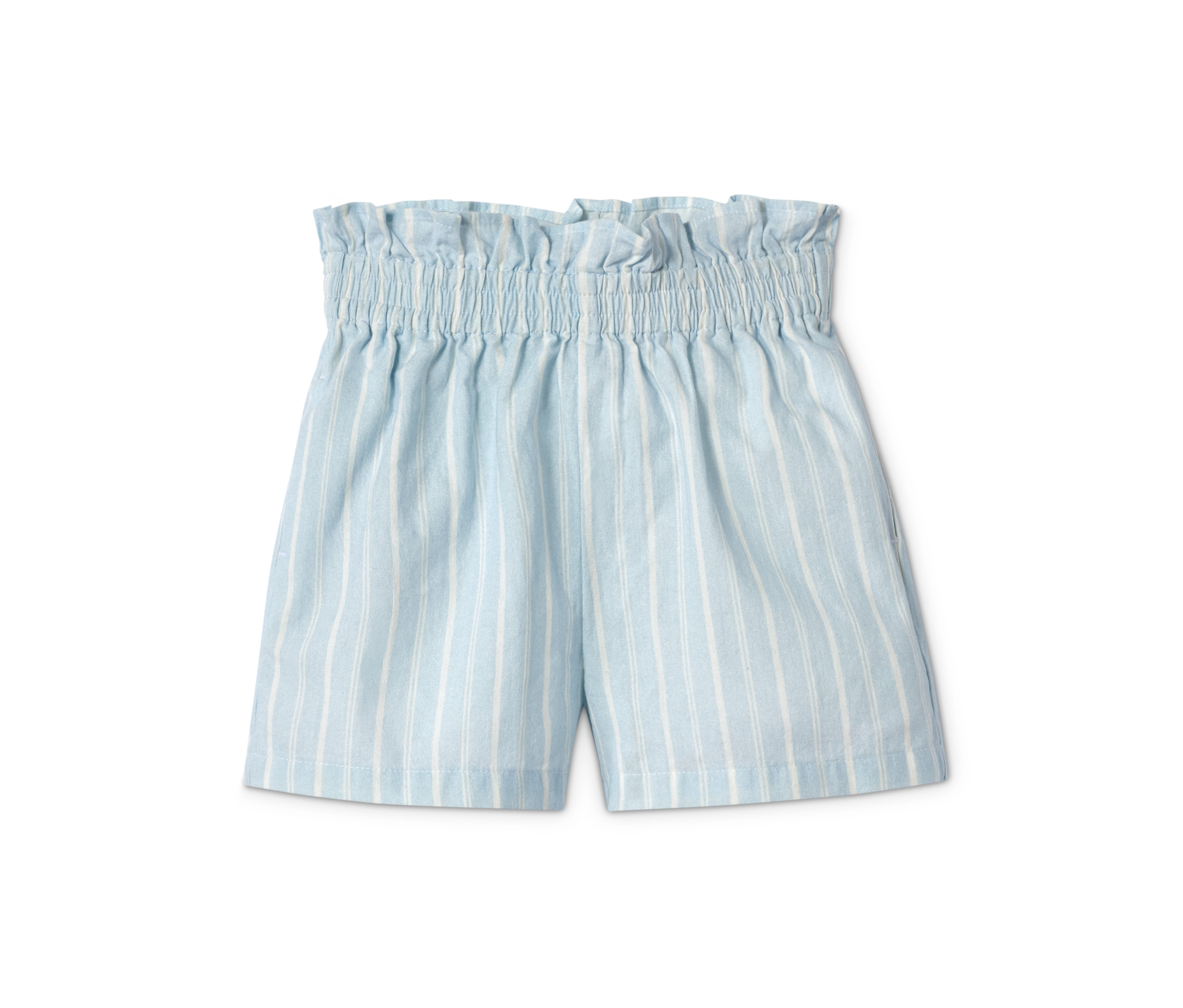 Niebiesko-białe szorty typu paperbag.