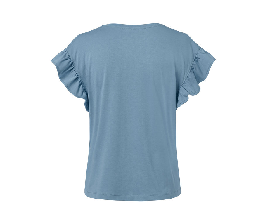 Szaroniebieska bluzka z falbankami przy rękawach.