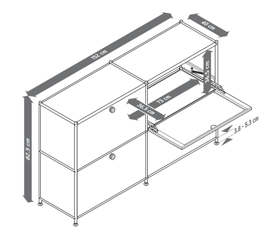 Rysunek szafki typu sideboard „CN3” z 4 klapami wraz z wymiarami.