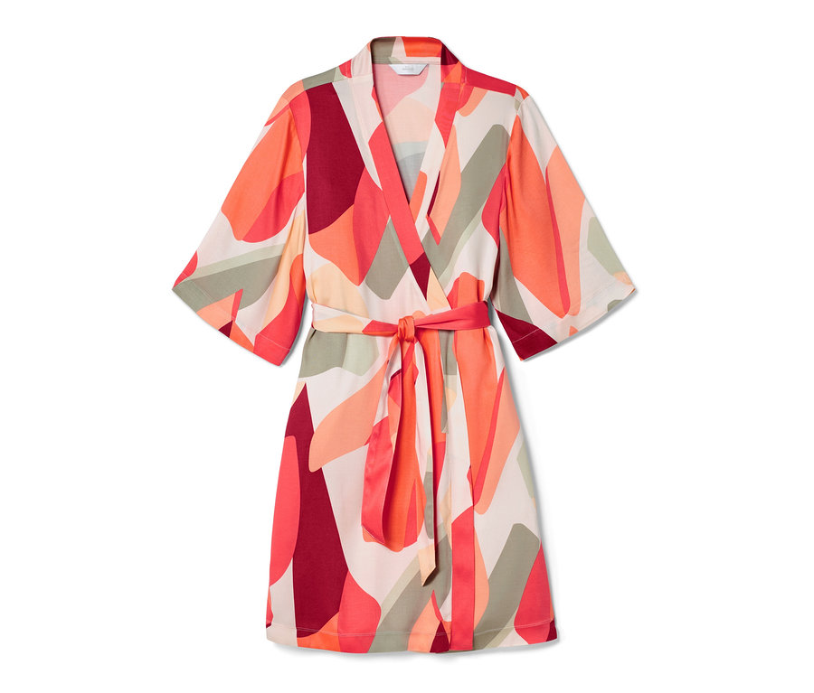 Kolorowy szlafrok we wzory geometryczne z paskiem.