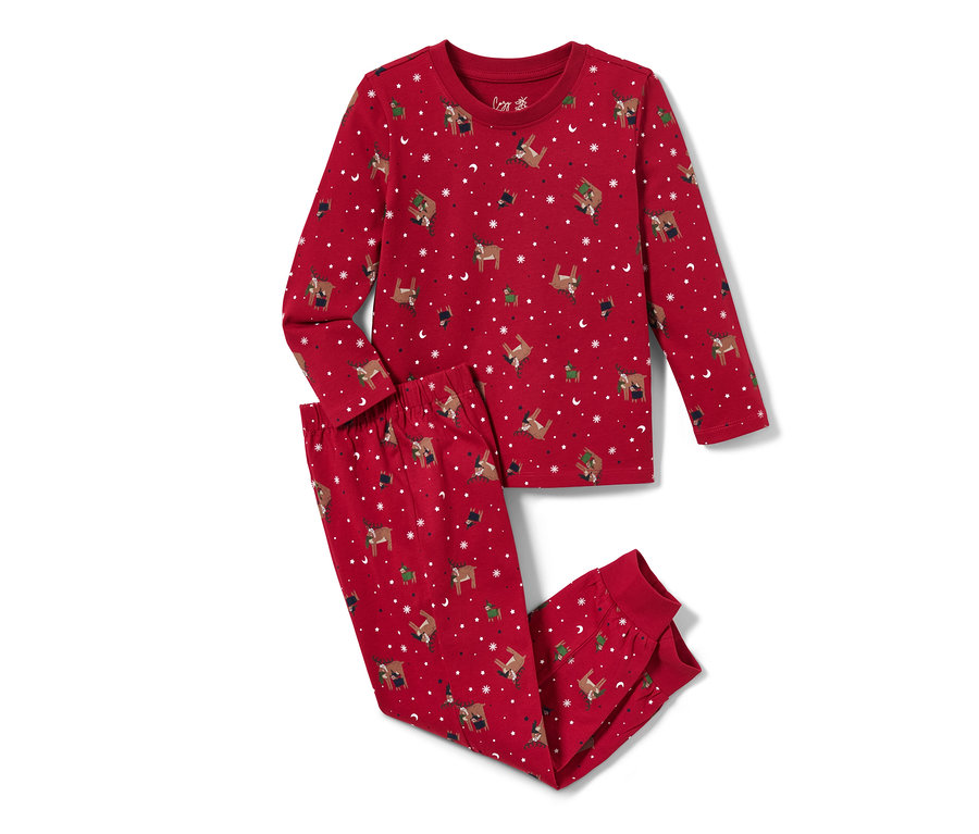 Czerwona piżama z dżerseju dla małych dzieci, z wzorem reniferów i płatków śniegu.