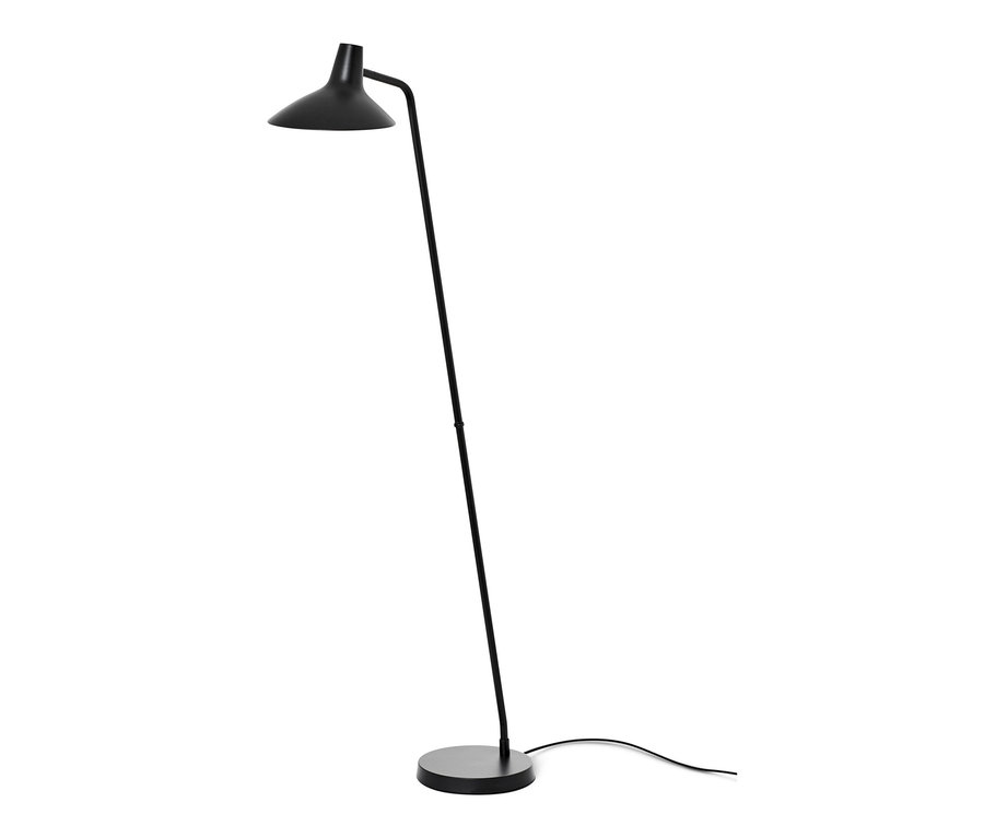 Czarna lampa stojąca Nordlux »Darci« z okrągłą podstawą i stożkowym abażurem.