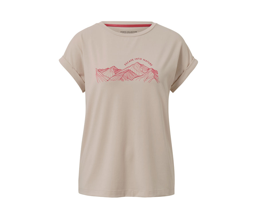 Beżowa koszulka z nadrukiem góry.