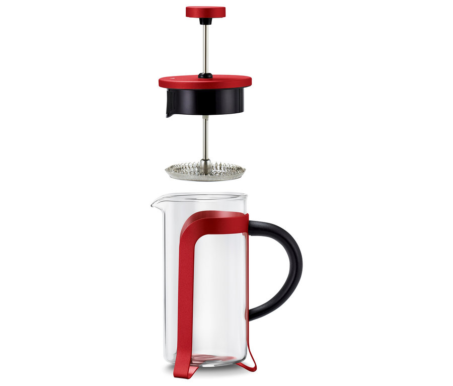 Rozłożony czerwony zaparzacz tłokowy o pojemności 300 ml na 2 filiżanki.