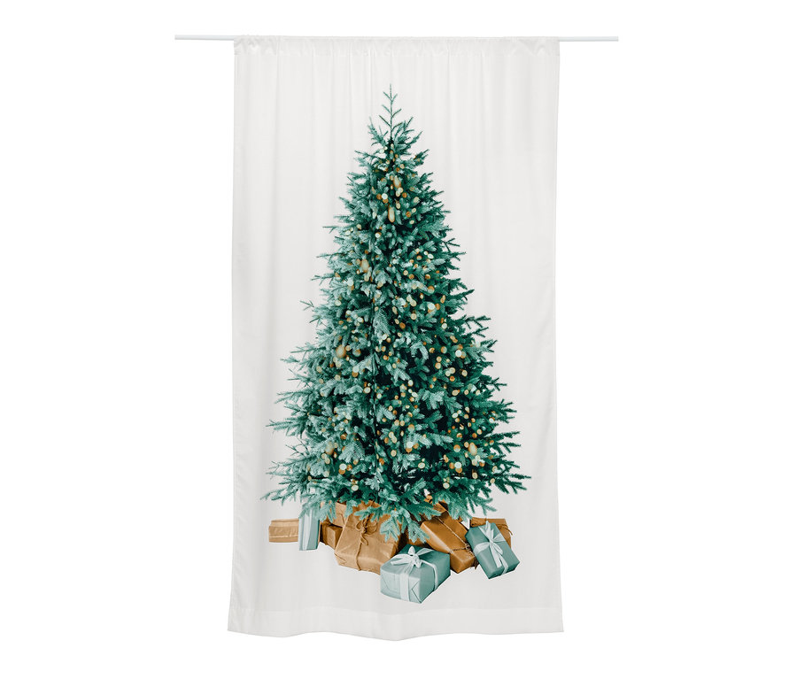 Zasłona z motywem choinki i prezentów.