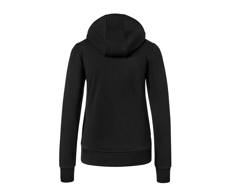 Widok z tyłu rozpinanej bluzy dresowej w kolorze czarnym.