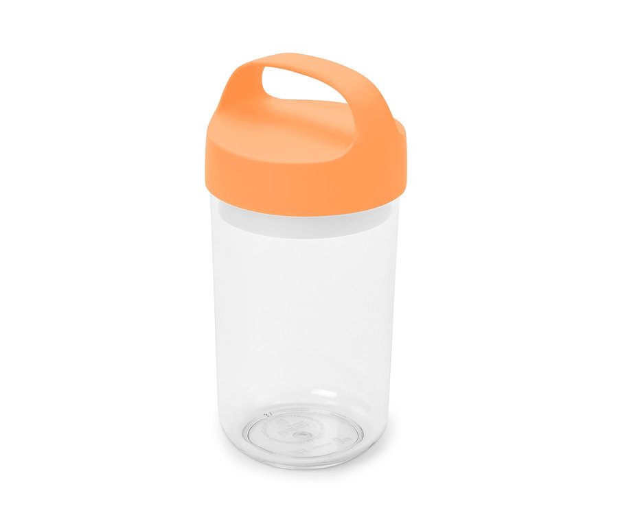 Przezroczysty pojemnik spożywczy z pomarańczowym uchem, duży.