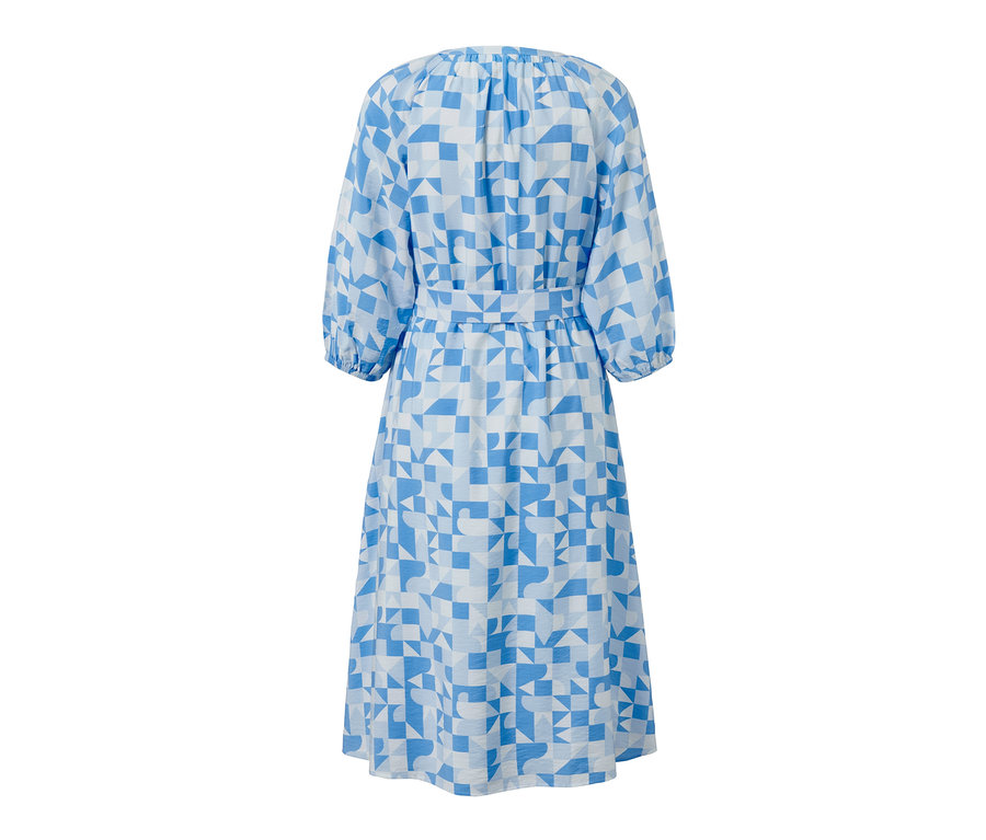 Sukienka z tkaniny z nadrukiem w kolorze niebiesko-białym.