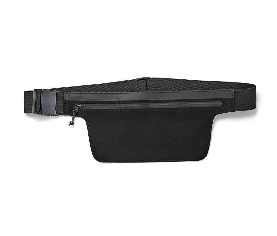 Czarny pas do biegania na smartfon z elastycznym paskiem i klamrą.