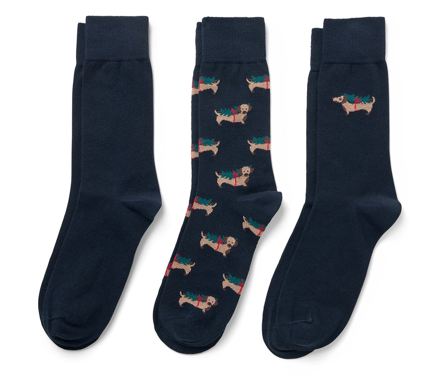 Trzy pary granatowych skarpet. Jedna para jest zadrukowana jamnikami.