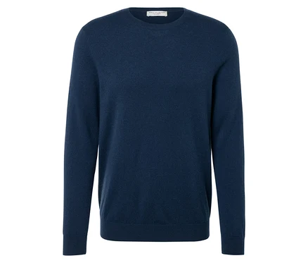 Granatowy sweter z długimi rękawami.