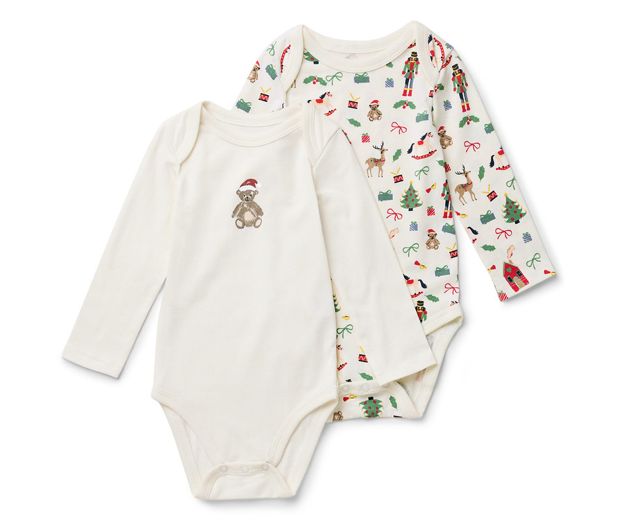 Dwa body dziecięce z długim rękawem. Jedno w świąteczne wzory, drugie z misiem w czapce.