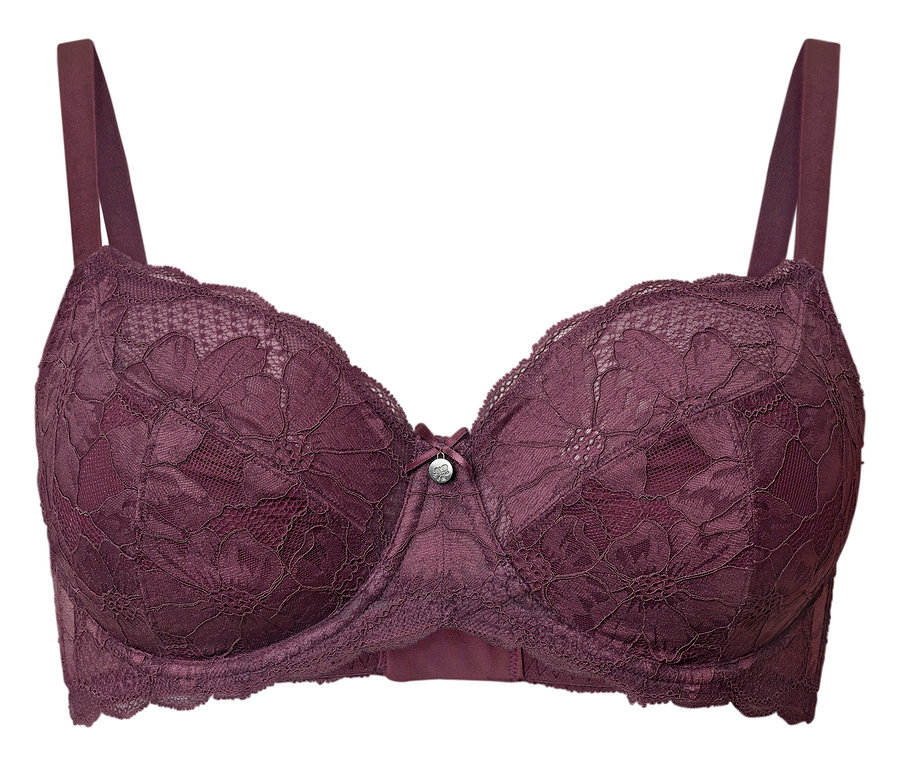 Fioletowy, koronkowy biustonosz z fiszbinami na białym tle.