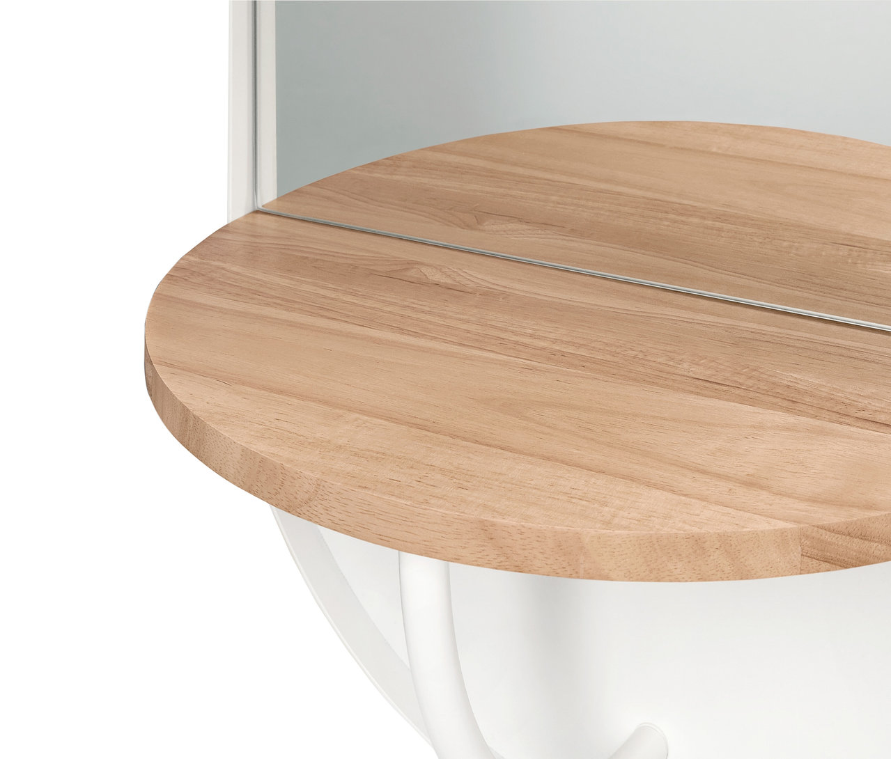 Detal drewnianej, owalnej półki lustra ściennego.