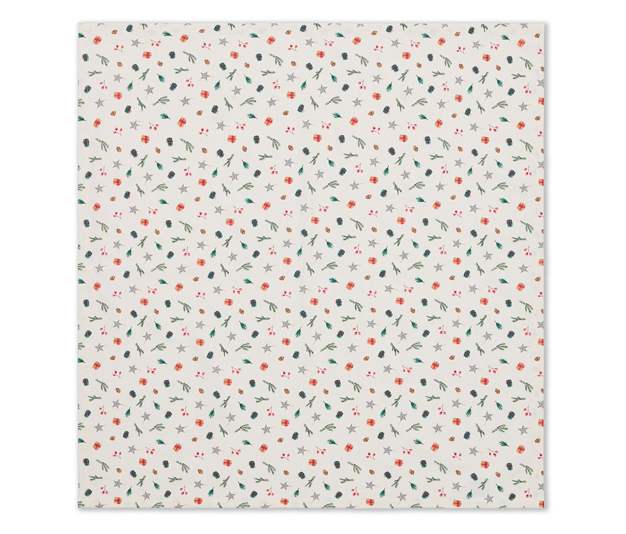 Tkanina z motywem świątecznym gwiazd, prezentów, gałązek i jagód.