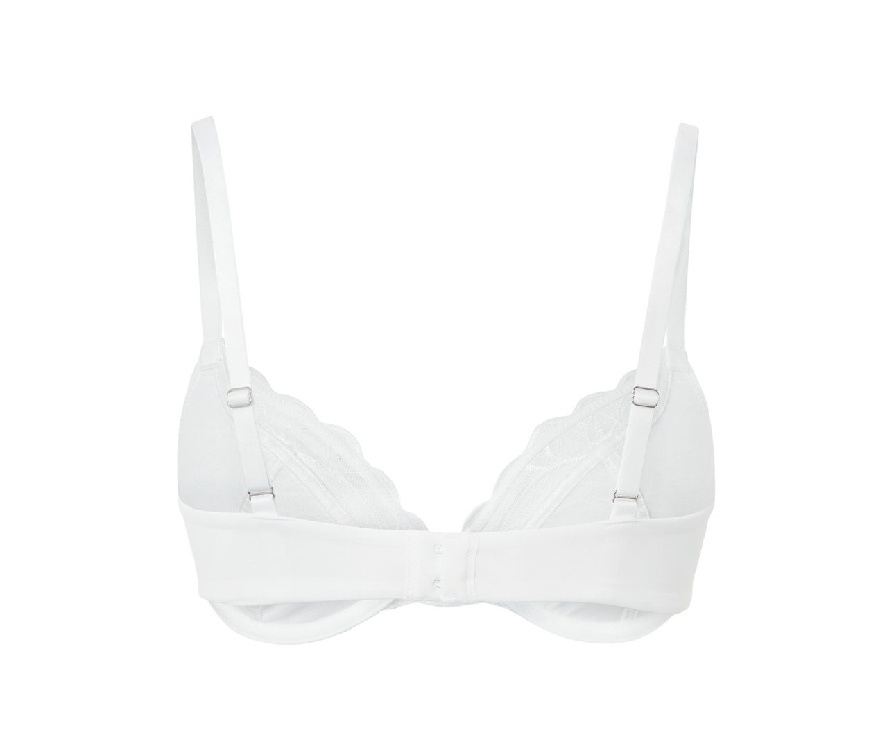 Zbliżenie na biały biustonosz na fiszbinach, widok z tyłu.